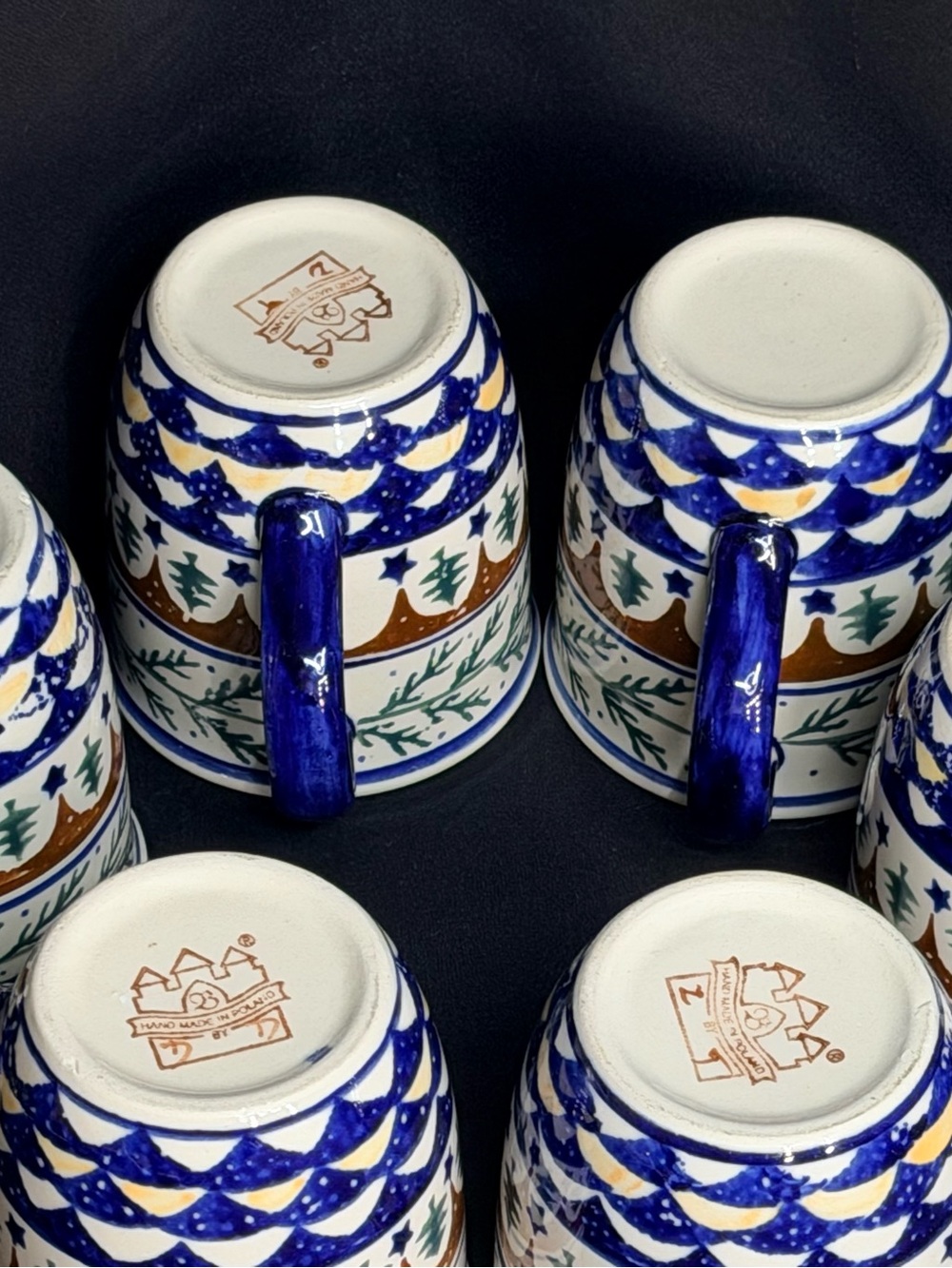 Polish Pottery Mugs set of 6 with Blue Handles and Festive Tree Pattern - Picture 7 of 10